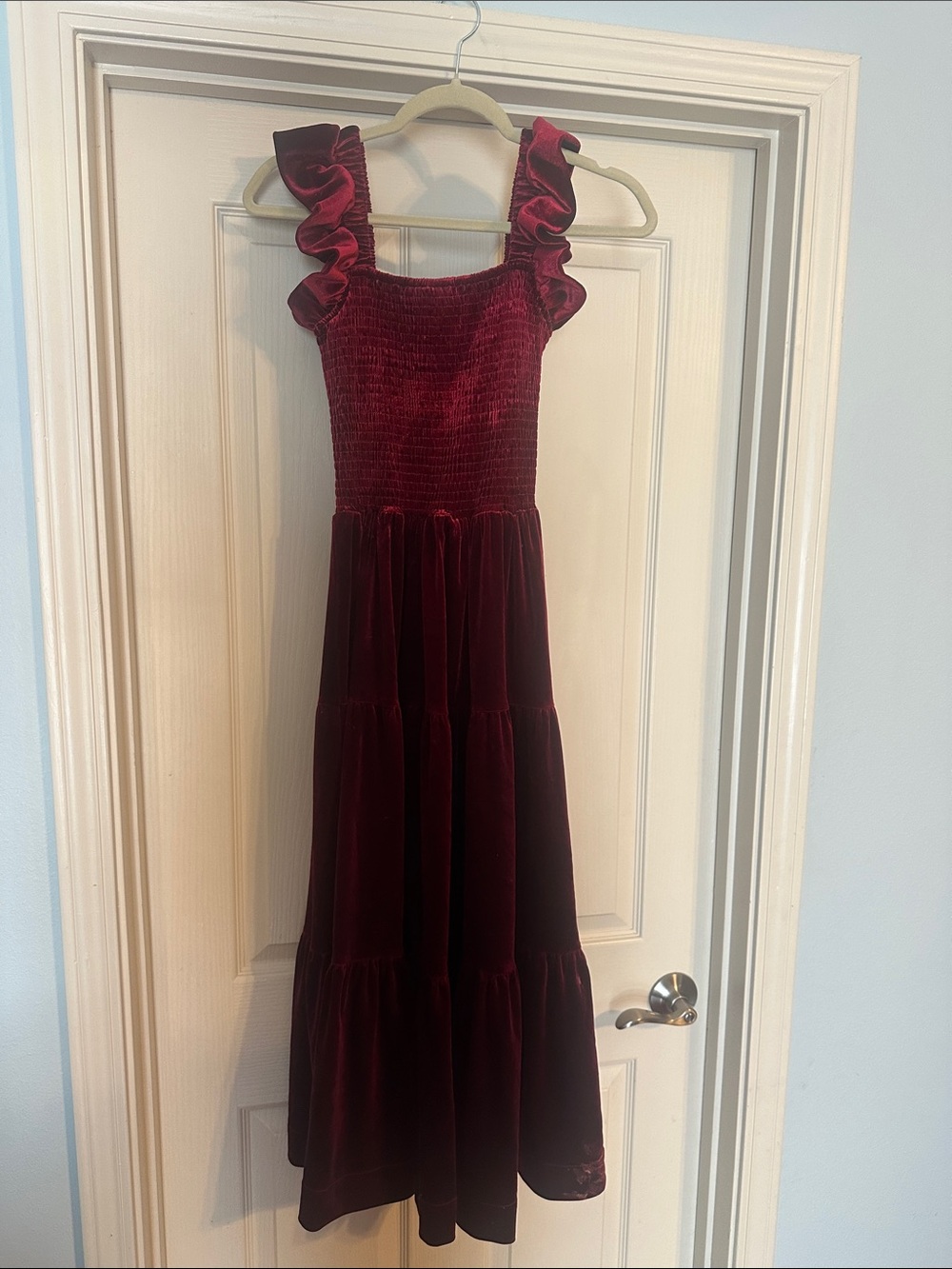 Women’s Velvet Midi Dress with Ruffle Straps - Burgundy